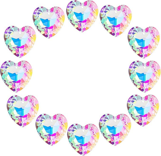 12pcs Colorful Crystal Heart Prism Suncatcher, Heart Prism Chandelier Drop Parts Window Sun Catcher Crystals Hanging Pendant, 27mm Rainbow Maker Wedding Decor
