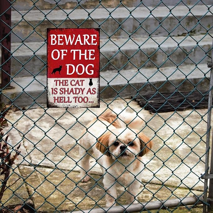 Funny Private Property No Trespassing Warning Signs, Beware of the Dog, the Cat is Shady as Hell too, Yard Sign Garage Farm Garden Wall Decor Sign Plaque Outdoor for Home Fence 8 X 12 Inches