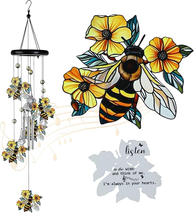 YU FENG Bee Wind Chimes with Crystal Suncatcher – 27 Inch Memorial Wind Chime for Outdoor Garden Decor, Bee Gifts for Mom/Grandma, Metal Windchimes for Yard/Patio