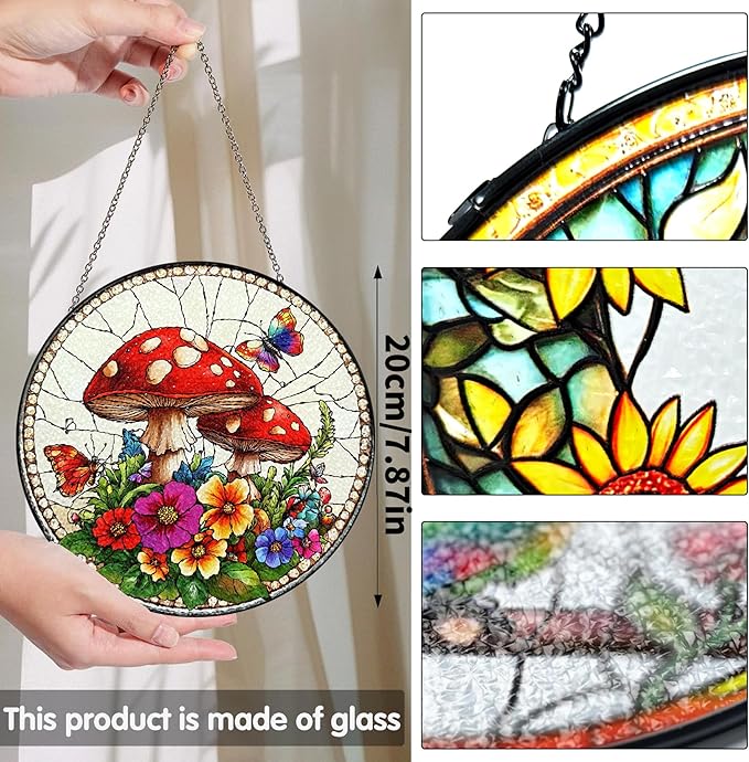 Bimkole Mushroom Stained Glass Suncatcher Window Hanging - Flowers Design for Indoor Window or Doorway Decoration - 7.87x7.87 inch with Chain and Hook - Unique Home Decor Gift