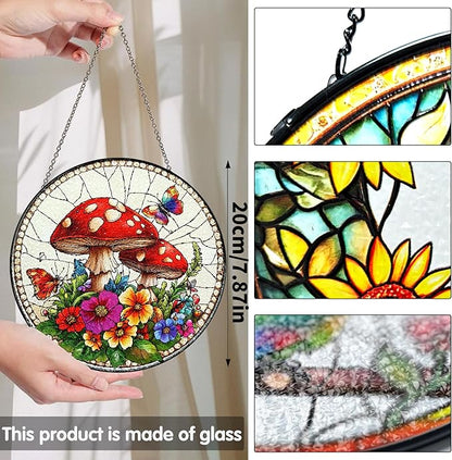 Bimkole Mushroom Stained Glass Suncatcher Window Hanging - Flowers Design for Indoor Window or Doorway Decoration - 7.87x7.87 inch with Chain and Hook - Unique Home Decor Gift