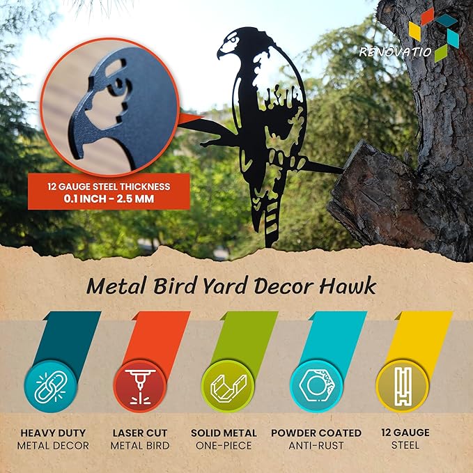 Renovatio Metal Bird Decor, Gifts for Mom, Majestic Bird Decoration, Metal Garden Sculpture, Outdoor Tree Ornaments – A Remarkable Outdoor Yard Decor – Hawk (Black)