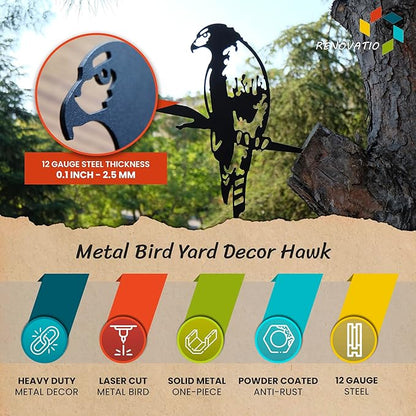 Renovatio Metal Bird Decor, Gifts for Mom, Majestic Bird Decoration, Metal Garden Sculpture, Outdoor Tree Ornaments – A Remarkable Outdoor Yard Decor – Hawk (Black)