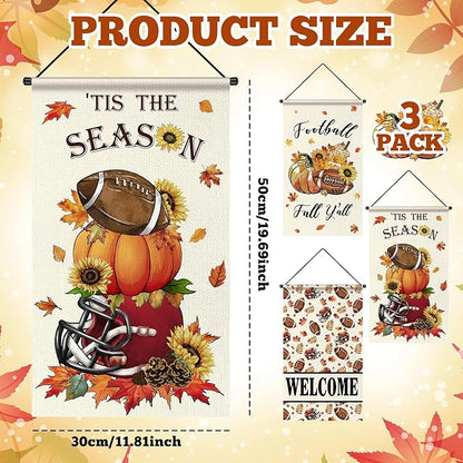 Tegeme 3 Pcs Fall Football Decorations Door Sign Flag Football Pumpkin Door Banner 12 x 20 Inch Autumn Welcome Hanging Banner Seasonal Holiday Flags Decoration for Outdoor Thanksgiving Party