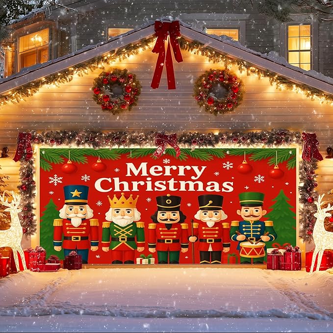 IVN Christmas Garage Door Cover Decoration 13x6ft Nutcracker Lineup Green Accents Red Banner Merry Christmas Garage Door Banner Home Door Front Yard Decor for Xmas Eve Holiday Outdoor