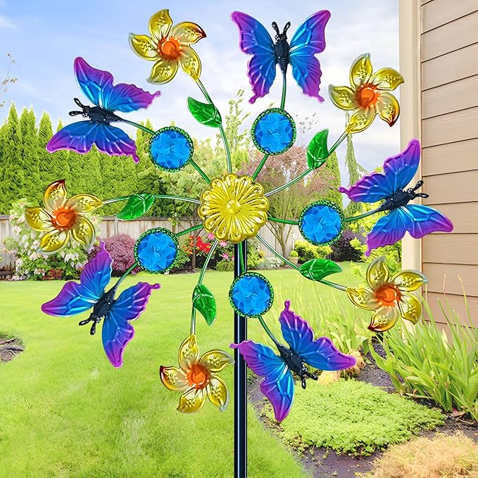44" Butterfly Gem Wind Spinners Garden Stake, Flower Butterfly Wind Sculpture Yard Art Decorations for Lawn,Patio&Yard & Garden Decor, Metal Whirligigs Wind Spinners Outdoor