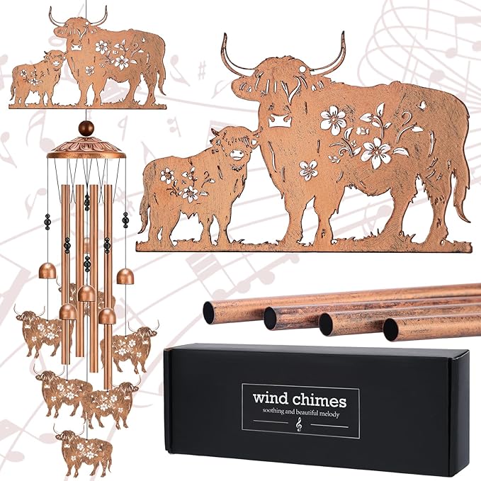 Highland Cow Outdoor Decor - Metal Wind Chimes Cows Gifts with Card for Women Men Wife Grandma Outside Indoor Hanging Decoration for Garden Lawn Patio Balcony Birthday Christmas Memorial Gift