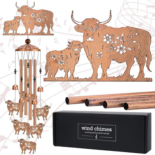 Highland Cow Outdoor Decor - Metal Wind Chimes Cows Gifts with Card for Women Men Wife Grandma Outside Indoor Hanging Decoration for Garden Lawn Patio Balcony Birthday Christmas Memorial Gift