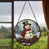 Stained Glass Window Hanging - Christmas Snowman Suncatcher for Door Terrace Garden Home Decor Winter Forest Snow Sun Catcher Birthday Gifts for Lovers Women Men Dad Mom Nana 9.8 in