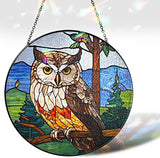 6" Owl Stained Glass Suncatchers Art Glass Owls for Sun Catcher Indoor Window Gifts for Pet Animal Nature Floral Lovers Women Grandma Mom Friend Painted Panel Décor BIRD-07B-SG6