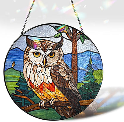 6" Owl Stained Glass Suncatchers Art Glass Owls for Sun Catcher Indoor Window Gifts for Pet Animal Nature Floral Lovers Women Grandma Mom Friend Painted Panel Décor BIRD-07B-SG6