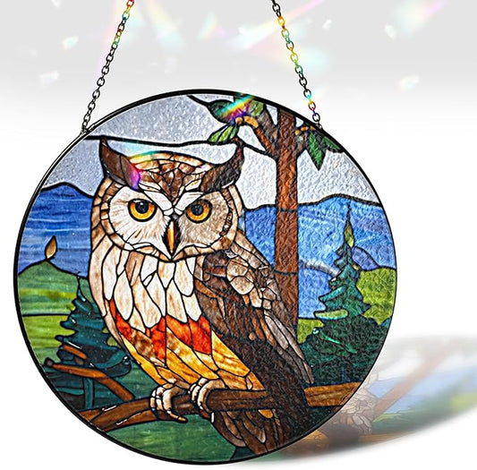 6" Owl Stained Glass Suncatchers Art Glass Owls for Sun Catcher Indoor Window Gifts for Pet Animal Nature Floral Lovers Women Grandma Mom Friend Painted Panel Décor BIRD-07B-SG6