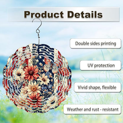 American Butterfly Floral Wind Spinner Outdoor, USA 250th Anniversary Wind Chime, 8 Inch 3D Metal Garden Wind Spinner, Stainless Steel Patriotic Yard Hanging Decor Gift
