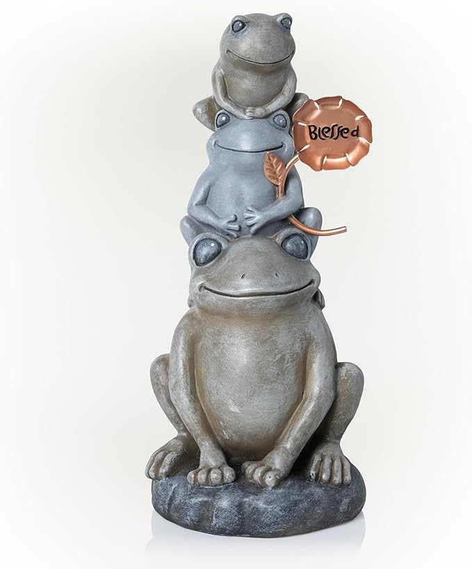 Alpine Corporation 18" Tall Outdoor Stacked Frogs Statue Holding Blessed Flower, Weatherproof Garden Decor, Gray