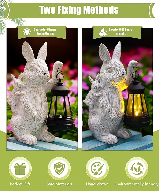 Rabbitcat Solar Bunny Garden Decor Statues: Outdoor Rabbit Decoration with Lights for Outside Yard Lawn Patio Balcony Ornament - Unique Gifts for Mom Grandma Women