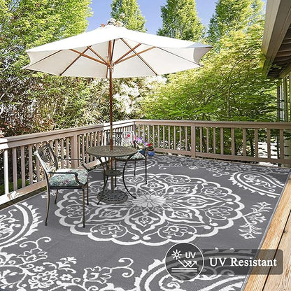 Pauwer Waterproof Outdoor Rug 9x12, Reversible Plastic Straw Patio Camping Rug, Indoor Outdoor RV Mat Carpet for Deck, Camper, Porch, Balcony, Backyard, Picnic, Boho Grey