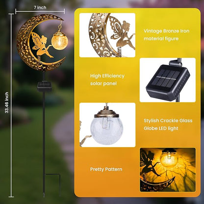 Solar Garden Statues Outdoor Decor, Fairy Moon Figurine Light Stake, Housewarming Ornament for Patio, Lawn, Yard, Pathway - Unique Gift Ideas for Gardening Mom Grandma