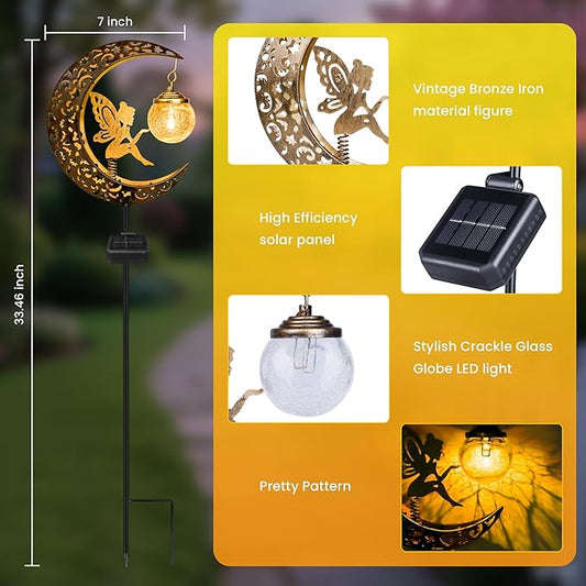 Solar Garden Statues Outdoor Decor, Fairy Moon Figurine Light Stake, Housewarming Ornament for Patio, Lawn, Yard, Pathway - Unique Gift Ideas for Gardening Mom Grandma