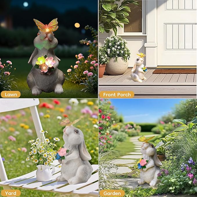 Garden Statue Outdoor Decor, Rabbit Figurines with Solar Butterfly Changing Color LED Lights, Bunny Ornament for Patio Backyard Lawn, Birthday Valentine's Day Gift for Women Mom Grandma