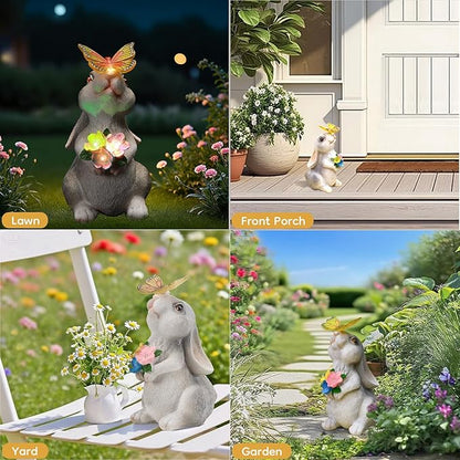 Garden Statue Outdoor Decor, Rabbit Figurines with Solar Butterfly Changing Color LED Lights, Bunny Ornament for Patio Backyard Lawn, Birthday Valentine's Day Gift for Women Mom Grandma