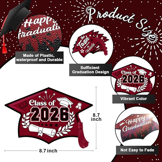 Chunful 12 Pack Graduation Yard Signs Grad Decoration 2026 Happy Graduate Lawn Garden Sign with Stake Congrats Outdoor Plastic Cap Hanging Ornament for Class Pathway Walkway Porch Party(Maroon)