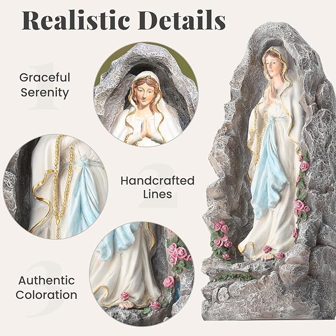 EROMMY Our Lady of Lourdes Statue 17.3 Inch Virgin Mary Grotto Figurine Catholic Praying Sculpture for Garden Home Patio Religious Decor