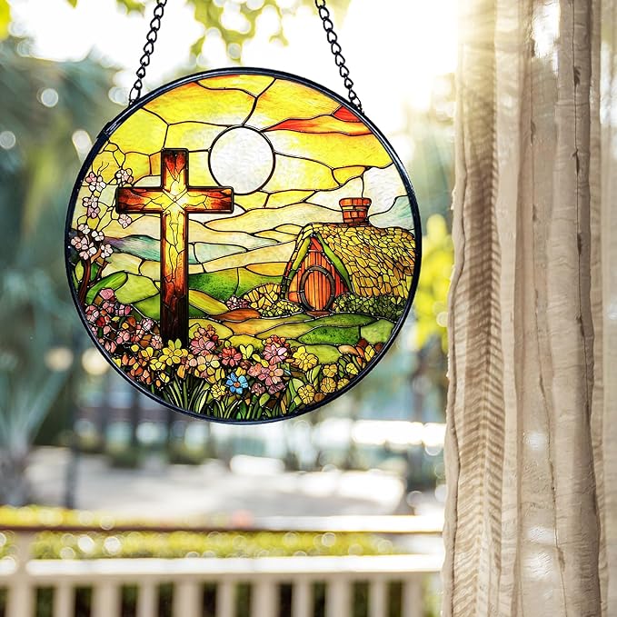 kdqua Cross Suncatcher Stained Glass Window Hanging, Christian Cross Wildflower Sunshine Sun Catchers Indoor Window Glass Round Wall Decor, Religious Wall Art Hanging Decorations Statues, 7.9x7.9in