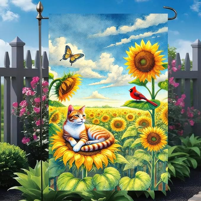 BlissYard Spring Cat Garden Flag 12x18 Inches Double Sided Cardinal Sunflower Butterfly Welcome Yard Flags Summer Seasonal Flower for Outside Decor Home Farmhouse Holiday Decorations