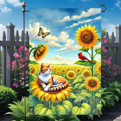 BlissYard Spring Cat Garden Flag 12x18 Inches Double Sided Cardinal Sunflower Butterfly Welcome Yard Flags Summer Seasonal Flower for Outside Decor Home Farmhouse Holiday Decorations