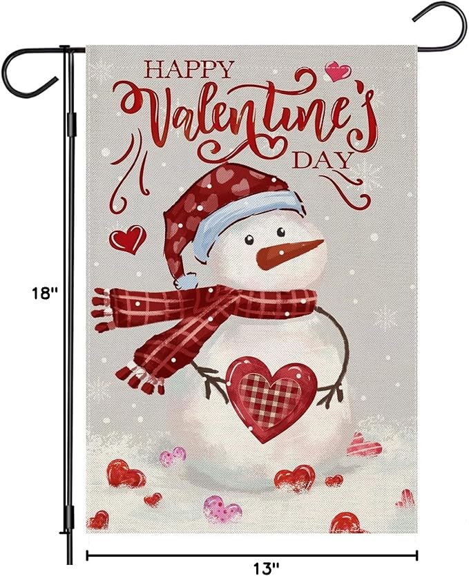 Happy Valentine’s Day Garden Flags 12x18 Inch Double Sided, Watercolor Snowman Small Seasonal Decoration for Holiday Anniversary Wedding Yard Outside Outdoor