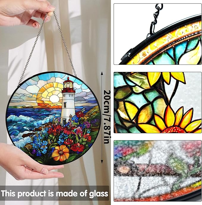 Bimkole Lighthouse Stained Glass Suncatcher Window Hanging - Landscapes Design for Indoor Window or Doorway Decoration - 7.87x7.87 inch with Chain and Hook - Unique Home Decor Gift