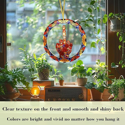 Middle Finger Suncatcher Color Stained Glass Window Hanging, Handmade Acrylic Funny Light Sun Catcher Indoor Outdoor Wall Hanger Ornament, Hand-Painted Glass Panel Decor for Home Office (E)
