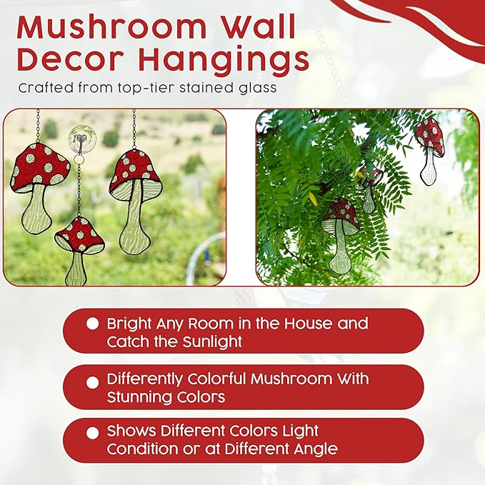 Mushroom Stained Glass Suncatcher Set – 3 Fly Agaric Hand-Painted Toadstool & Moon Window Ornaments – Boho Nature Window Décor for Home, Plant, and Mushroom Lovers