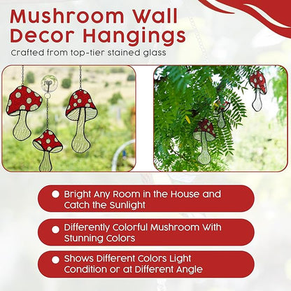 Mushroom Stained Glass Suncatcher Set – 3 Fly Agaric Hand-Painted Toadstool & Moon Window Ornaments – Boho Nature Window Décor for Home, Plant, and Mushroom Lovers