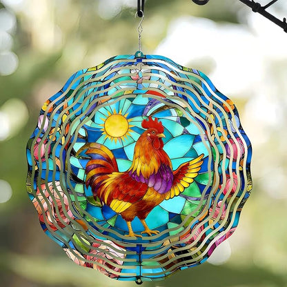 10 Inch 3D Rooster Wind Spinner for Yard and Garden, Laser Cut Metal Hanging Kinetic Wind Rustproof Sculpture for Lawn Balcony Window Porch Outdoor Decor