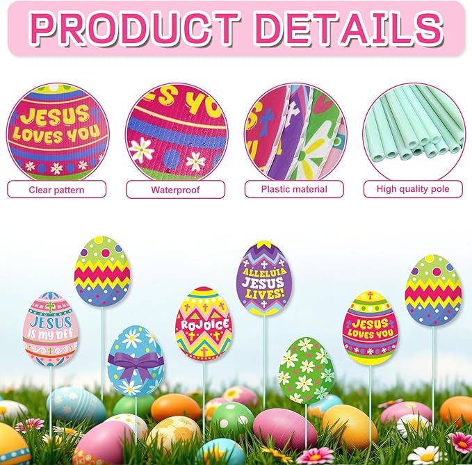 Cinrobiye 12Pcs Easter Planter Stakes Flower Pot Signs 5.9Inches Bunny Chick Jesus Egg Garden Stake Outdoor Lawn for Easter Party Patio Yard Outside Greetings Home Farmhouse Decor