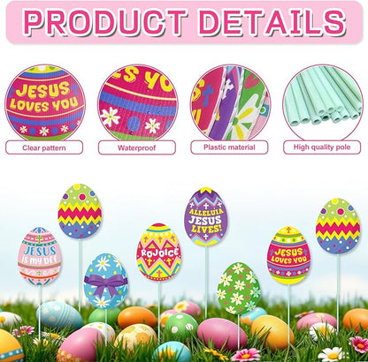 Cinrobiye 12Pcs Easter Planter Stakes Flower Pot Signs 5.9Inches Bunny Chick Jesus Egg Garden Stake Outdoor Lawn for Easter Party Patio Yard Outside Greetings Home Farmhouse Decor