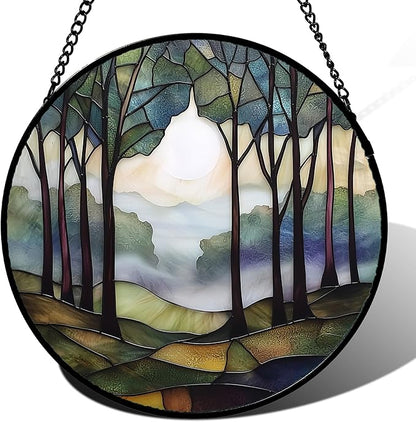 DASTOLL Stained Glass Window Hanging, Green Brown Smoke Forest Moon Suncatcher for Doors Window Home Tree Sun Catchers Decor Mother's Day Birthday Gifts for Women, Men Mom 9.8 in
