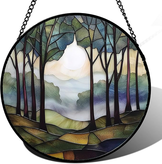 DASTOLL Stained Glass Window Hanging, Green Brown Smoke Forest Moon Suncatcher for Doors Window Home Tree Sun Catchers Decor Mother's Day Birthday Gifts for Women, Men Mom 7.8 in