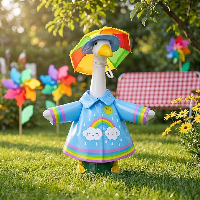 DECOHS 3 Pcs/Set Raincoat Porch Goose Outfits, Summer Lawn Goose Statue Raincoat Costume, Yard Goose Clothes Raincoats Umbrella Hat Outfit for 23" Statue Patio Garden Decoration (Blue Rainbow)