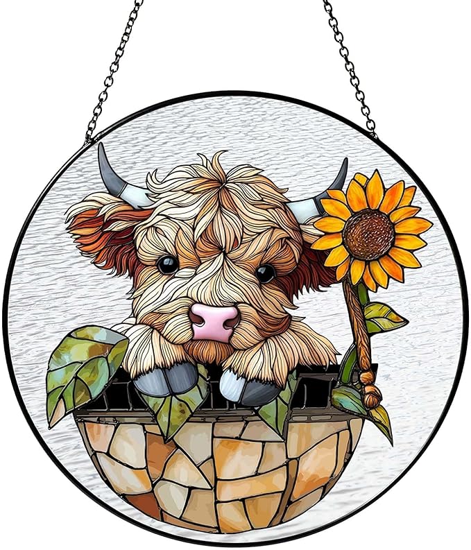 Sunflowers Highland Stained Glass Window Hanging Cowgirl Decor Highland Cow Gifts for Women Christmas Suncatchers for Home Windows Hanging Decoration, 7.87inch