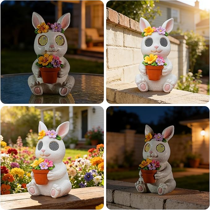 Garden Statues Rabbit with Solar Moving LED Eyes Outdoor Bunny Figurines Decorations for Patio Yard Lawn Ornaments Gifts for Birthday Easter Housewarming (Bunny)