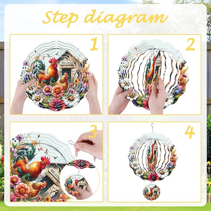 Wind Spinner Hanging Outdoor Decor, 12 Inch 3D Rooster Farmhouse Metal Kinetic Wind Spinners for Garden Yard Patio, Stainless Steel Laser Cut Art Gifts for Women Outdoor Decorations
