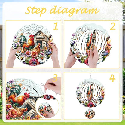 Wind Spinner Hanging Outdoor Decor, 12 Inch 3D Rooster Farmhouse Metal Kinetic Wind Spinners for Garden Yard Patio, Stainless Steel Laser Cut Art Gifts for Women Outdoor Decorations