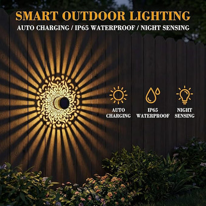 Decorative Solar Mandala Lights Outdoor, Metal Solar Fence Wall Light Waterproof, Solar Powered Mandala Garden Lights for Patio Fence Backyard Deck Outdoor Wall Decor (Mandala*1)