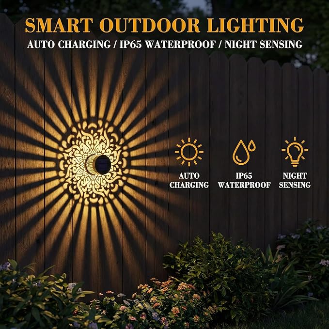 Decorative Solar Mandala Lights Outdoor, Metal Solar Fence Wall Light Waterproof, Solar Powered Mandala Garden Lights for Patio Fence Backyard Deck Outdoor Wall Decor (Peony Flower*2)
