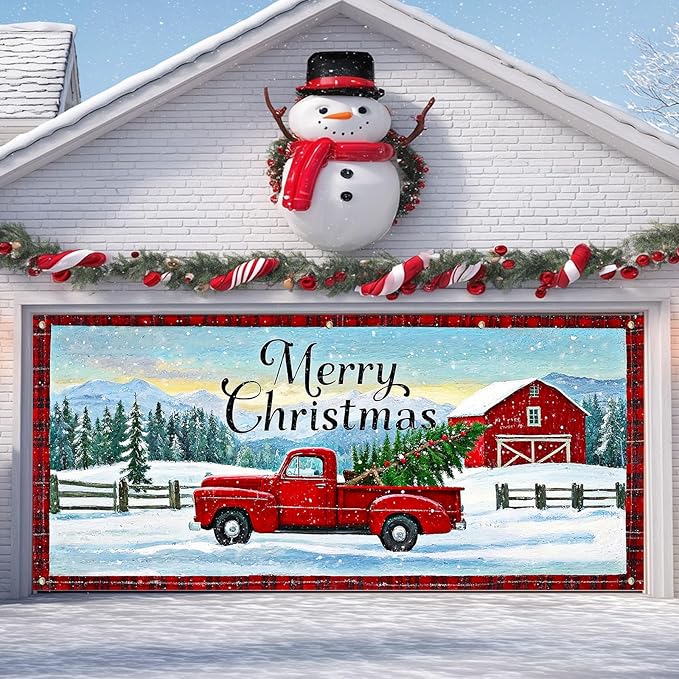 IVN Merry Christmas Garage Door Banner 13x6ft Festive Red Truck with Barn and Snowfield Photo Prop Background for Joyful Holiday Yard Door Cover Background Banner Outdoor Winter Scene