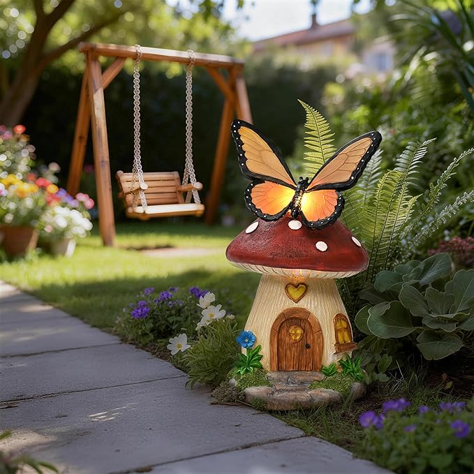 GIGALUMI Fairy Garden Houses Mushroom 9.3",Garden Statues,Fairy Houses for Outside,Fairy Garden Accessories, Butterfly House, Mushroom Decor for Yard, Patio and Birthday Gifts for Mom Women
