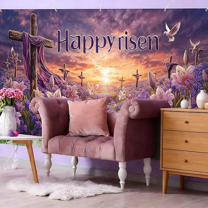 Easter Garage Door Banner Cover, Easter Cross Flowers Spring Party Backdrop Decor, Garage Door Cover For Outdoor Yard Holiday Decoration