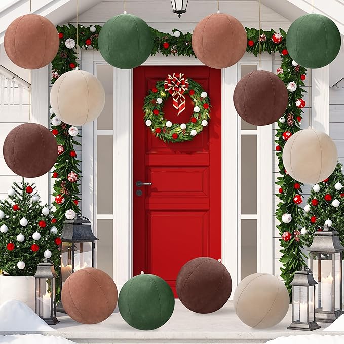 12 PCS 8 Inch Large Christmas Inflatable Ball, Outdoor Hanging Ornament Velvet Xmas Balls with 4 Colors, Neutral Christmas Decoration Ball for Yard Lawns Porch Garden Front Door Holiday Decor